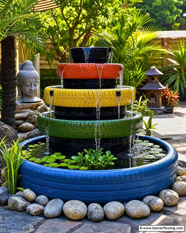 Elegant Tyre Fountains - 21 Recycled Tyre Garden Art Ideas for Eco-Conscious Spaces