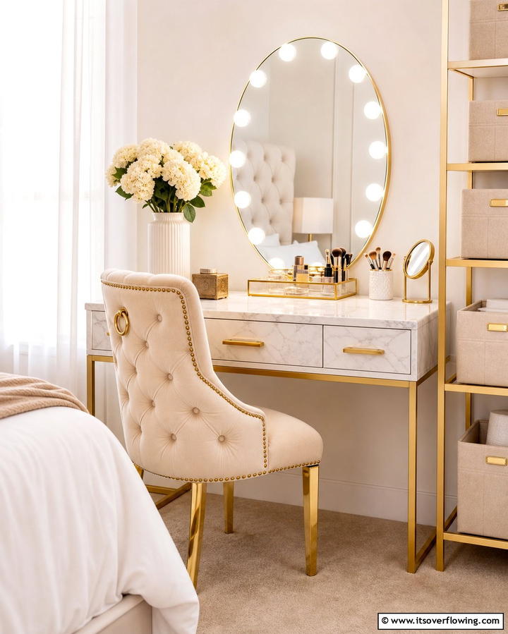 Elegant Upholstered Vanity Chair - 30 Stylish Makeup Vanity Ideas for a Functional Beauty Space