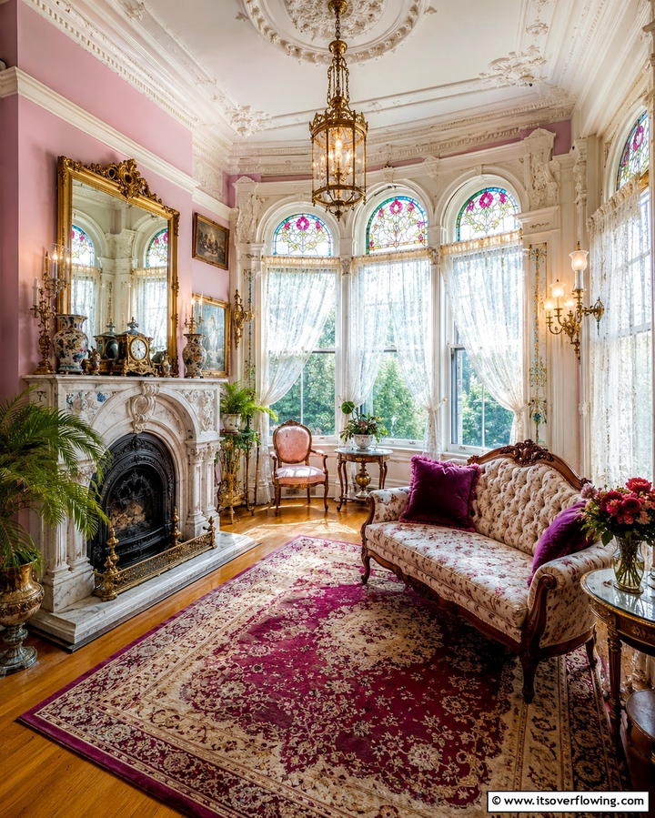 Elegant Victorian Inspired Sunroom with Ornate Fireplace - 30 Sunroom With Fireplace Ideas for Year-Round Comfort