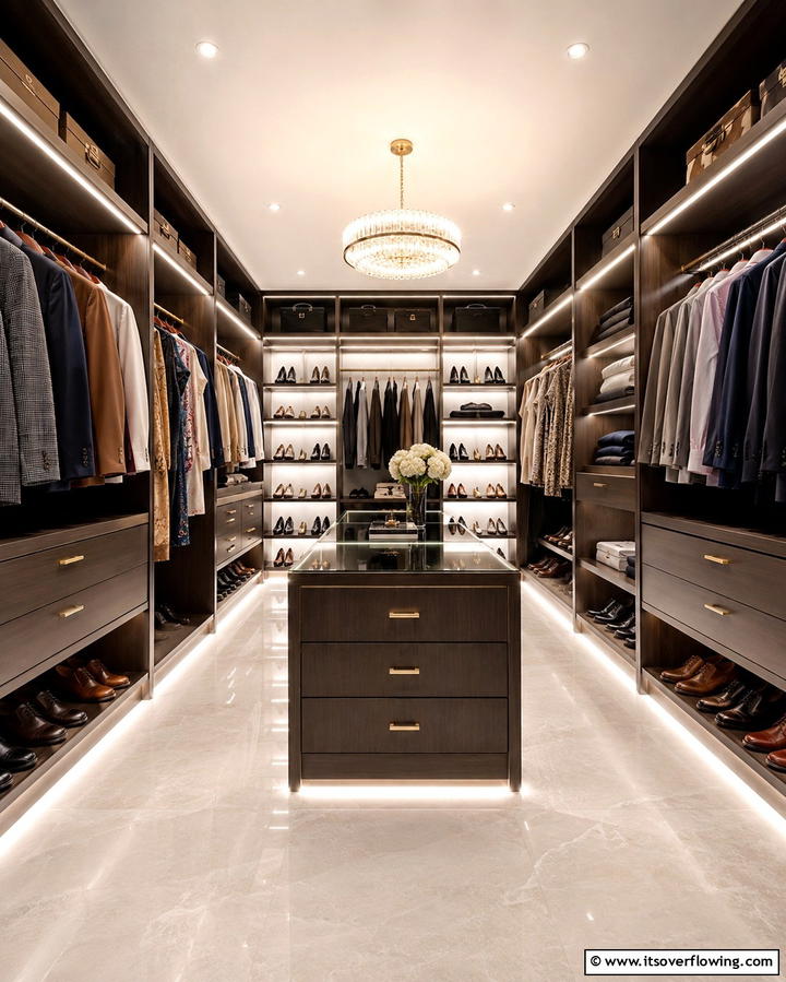 Elegant Walk In Closet Shine - 30 Aesthetic Room Ideas With LED Lights for Vibes