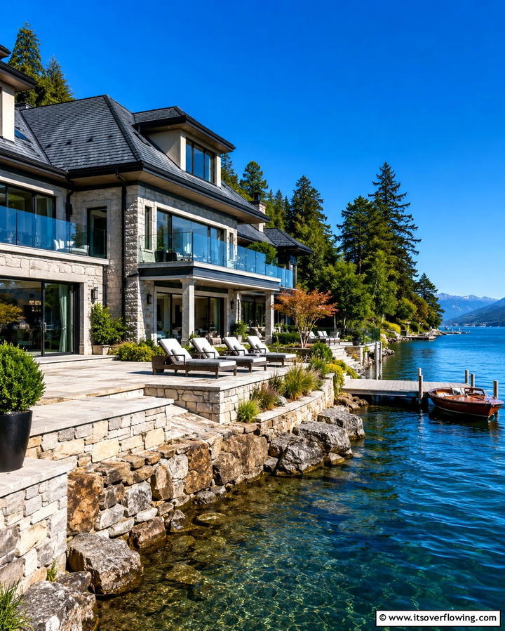 Elegant Waterfront Residence - 30 Houses with Black Roofs- Modern Exterior Design Inspiration