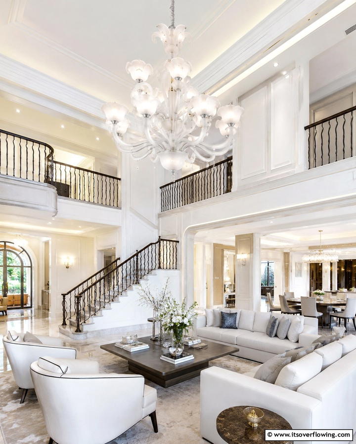 Elegant White Chandeliers - 25 White Living Room Ideas for a Timeless Look