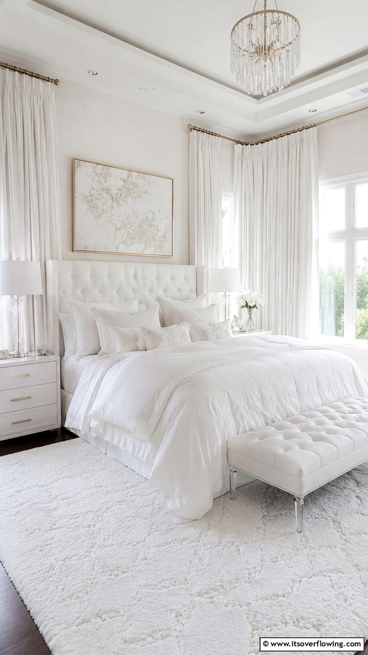 Elegant White Textiles - 21 Serene White Bedroom Ideas for a Calming Retreat