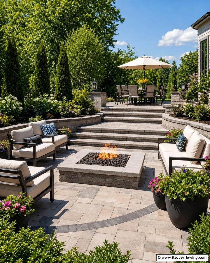 Elevated Fire Pit with Multi Level Paver Design - 25 Concrete Paver Patio Fire Pit Ideas for Cozy Nights