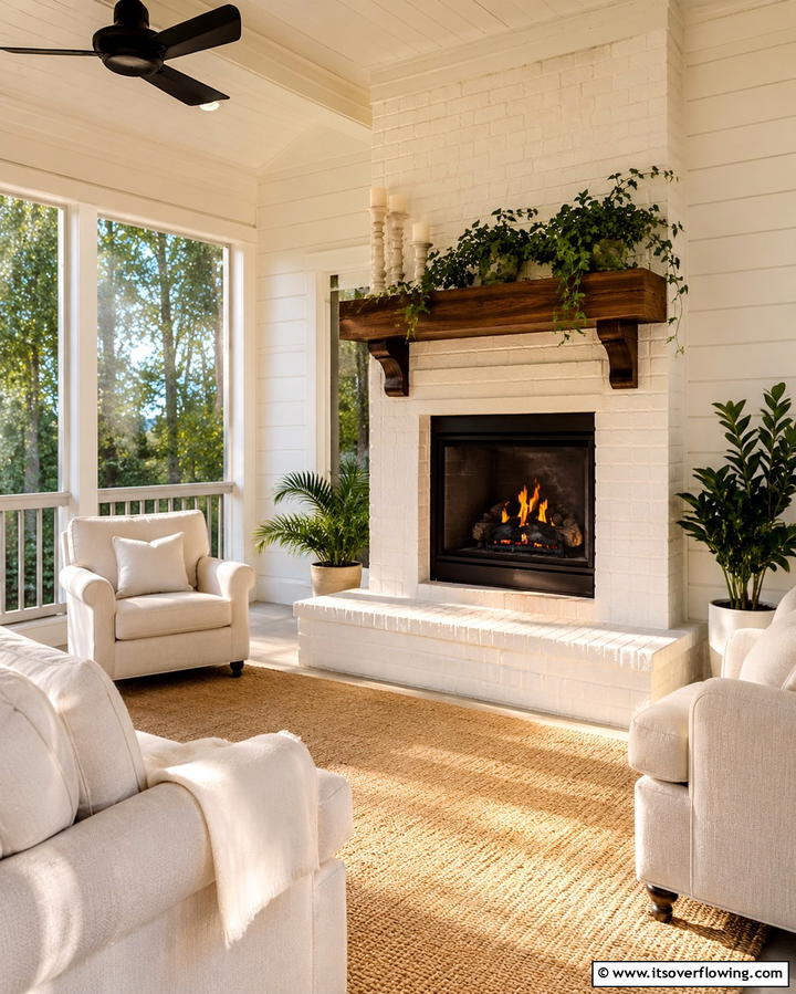 Elevated Fireplace with Mantel Decor - 25 Screened-in Porch With Fireplace Ideas for Cozy Evenings