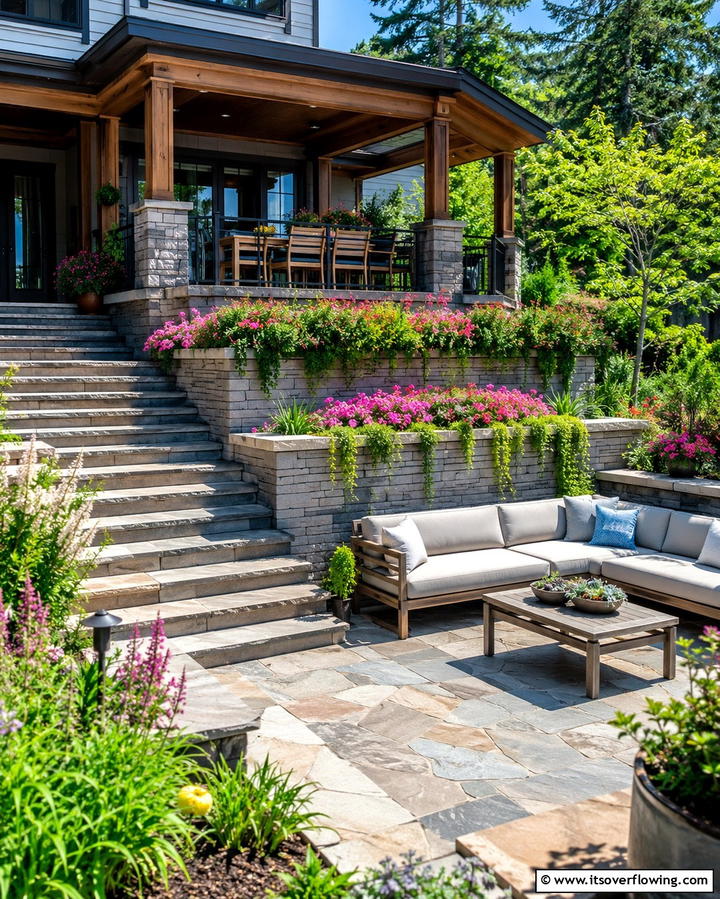 Elevated Patio with Tiered Levels - 25 Front Yard Patio Ideas to Enhance Your Outdoor Space