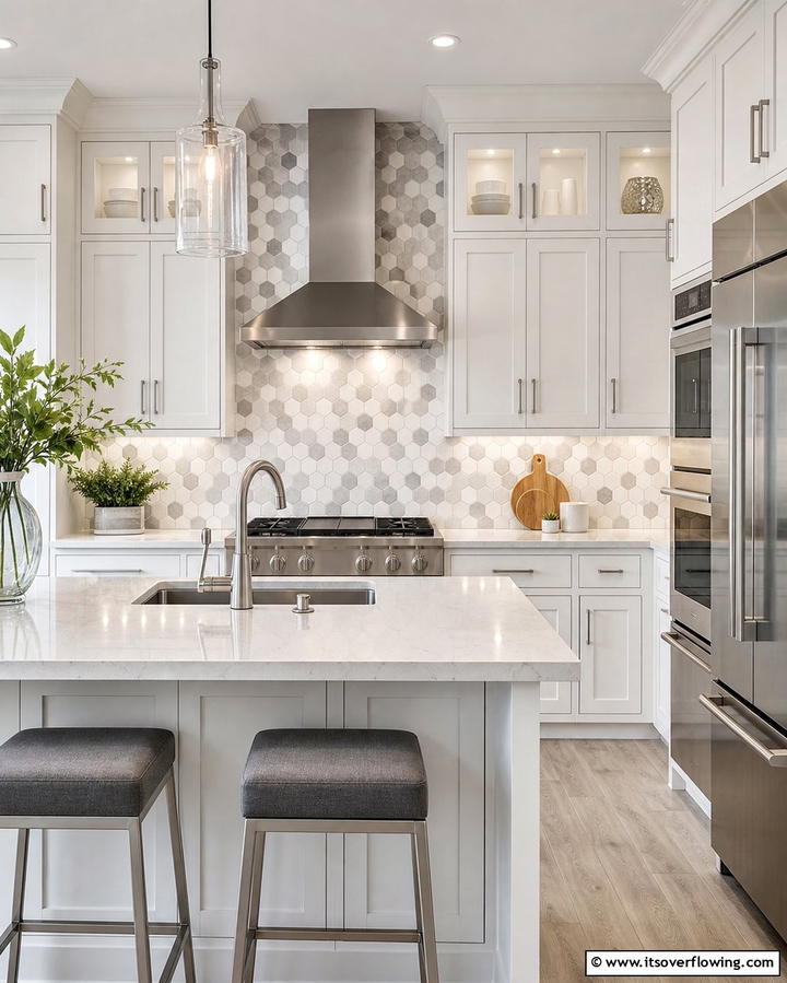 Embrace Geometric Tile Patterns - 25 White Kitchen with Stainless Steel Appliances Ideas