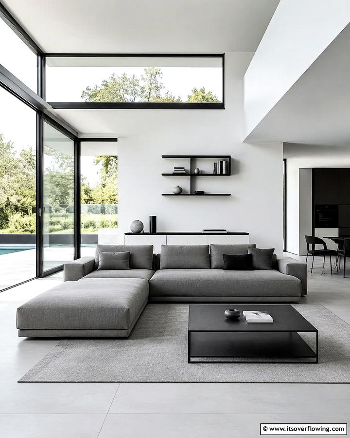 Embrace Minimalism with Clean Lines - 30 Grey Couch Living Room Styling Ideas for Cozy Spaces