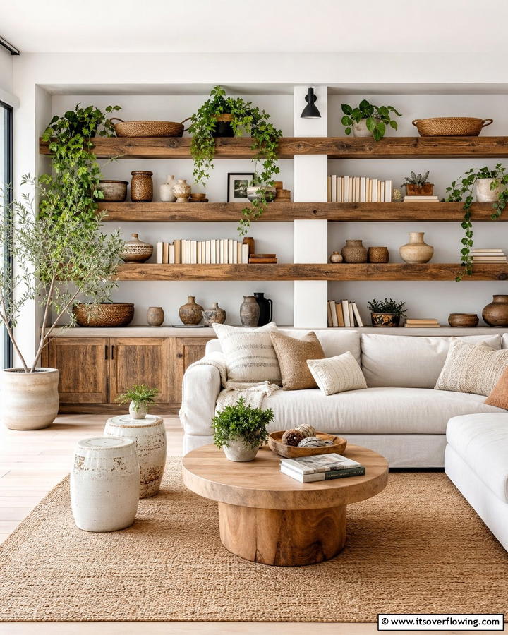 Embracing Open Shelving - 20 Natural Living Room Ideas for a Calm Retreat