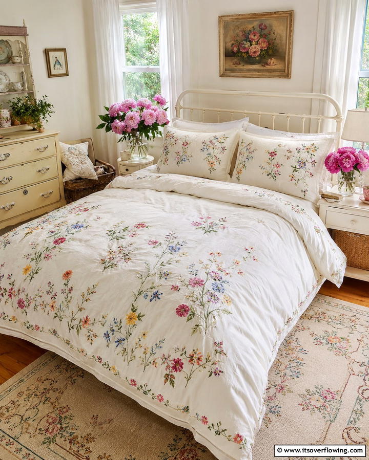 Embroidered Linens - 25 Vintage Bedroom Ideas for Timeless Charm & Style