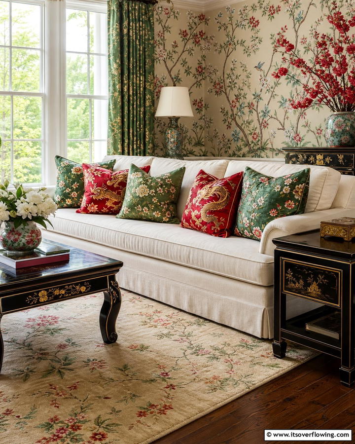 Embroidered Throw Pillows - 20 Chinoiserie Living Room Ideas for Timeless Style