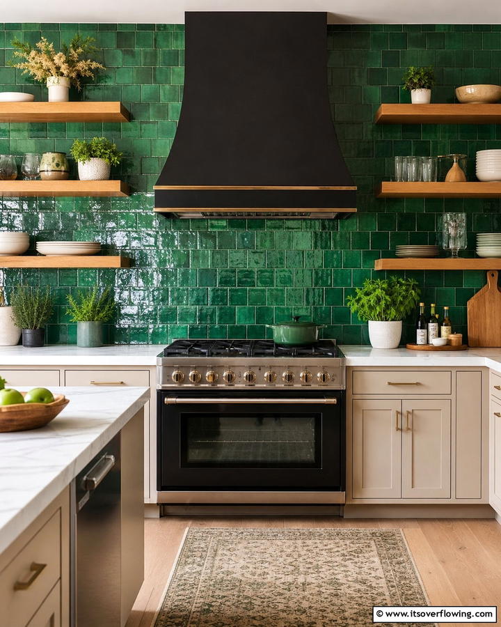 Emerald Backsplash Brilliance - 21 Dark Green Kitchen Ideas for Bold Cabinetry