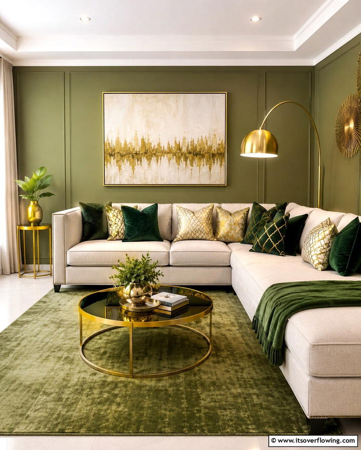Emerald Green Accent Wall - 25 Green and Gold Living Room Ideas for Luxury