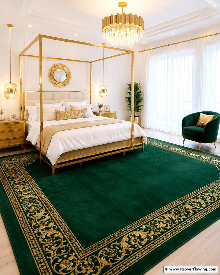 Emerald Green Accent Wall with Gold Stencils - 25 Emerald Green and Gold Bedroom Ideas for a Luxurious Retreat