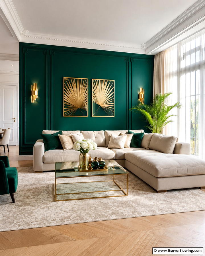 Emerald Green Accent Walls - 25 Emerald Green and Gold Living Room Ideas for Luxury