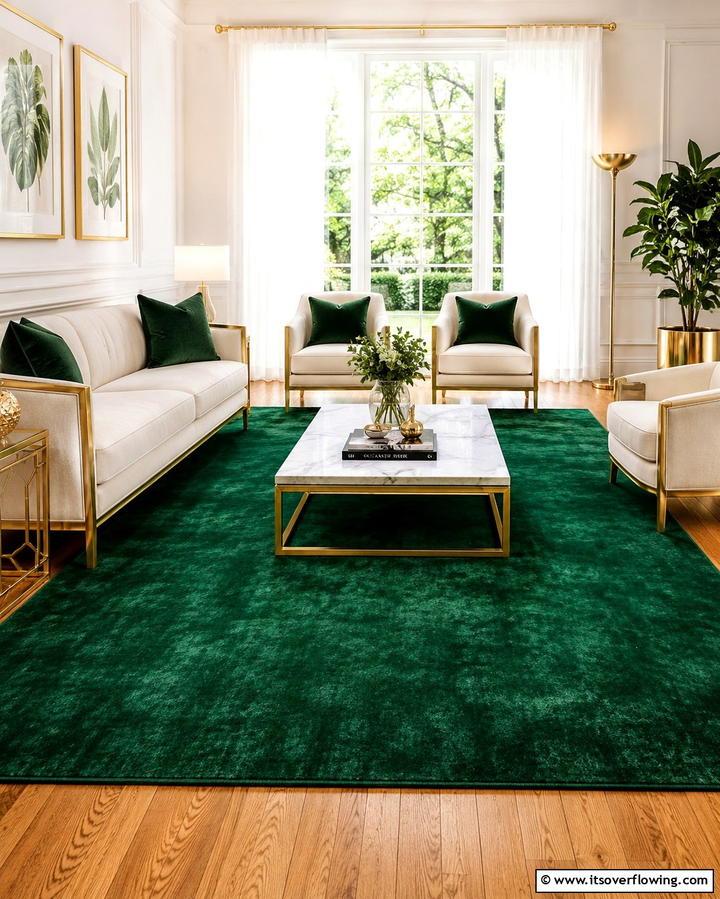 Emerald Green Area Rug to Ground the Space - 25 Emerald Green and Gold Living Room Ideas for Luxury