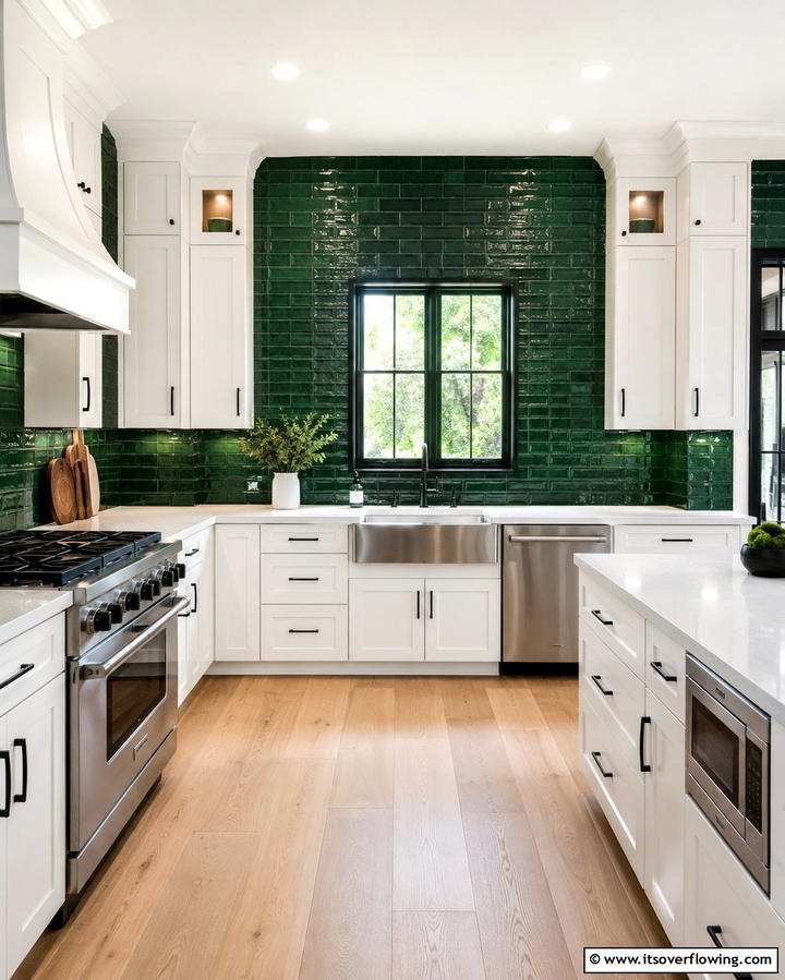 Emerald Green Backsplash with White Cabinets - 25 Emerald Green Kitchen Ideas for Bold Style