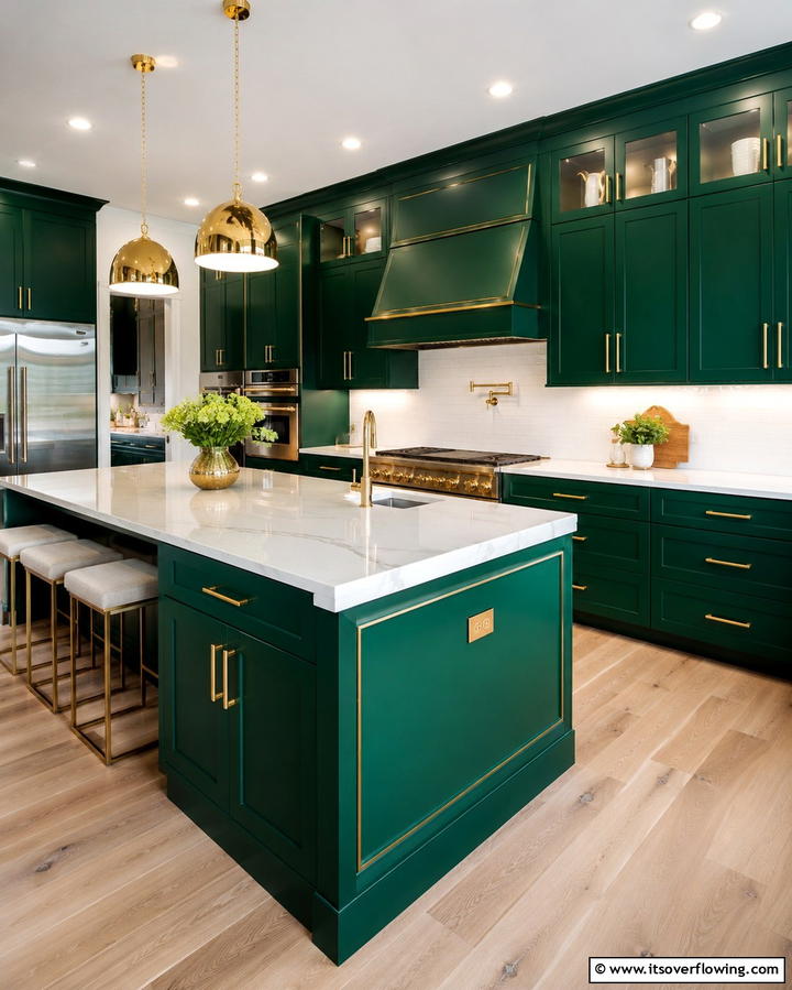 Emerald Green Cabinets with Gold Accents - 25 Emerald Green Kitchen Ideas for Bold Style