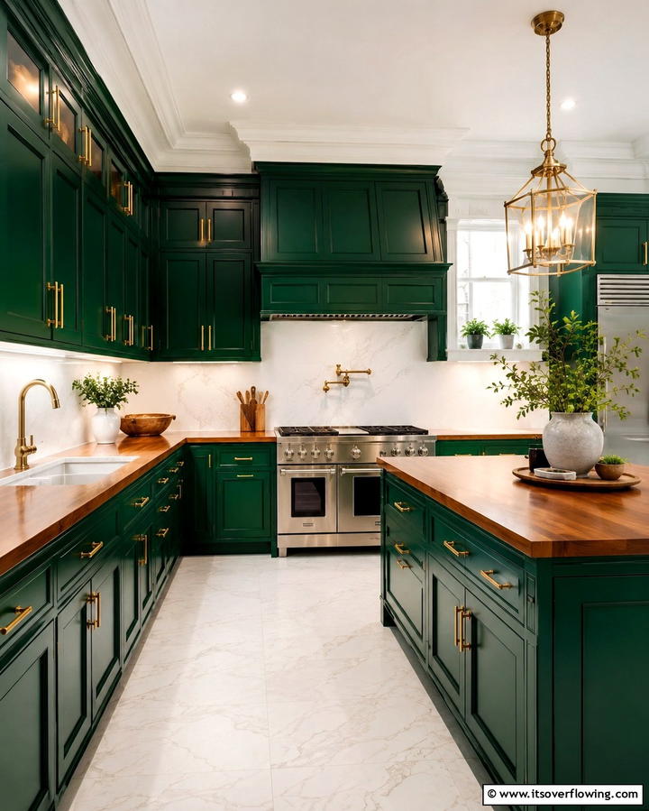 Emerald Green Cabinets with Mahogany Countertops - 25 Warm Green and Brown Kitchen Design Ideas