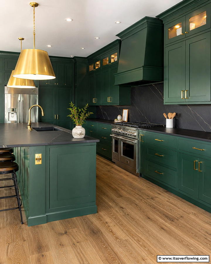 Emerald Green Cabinets with Matte Black Countertops - 30 Green Kitchen Cabinets & Black Countertops Pairing Ideas