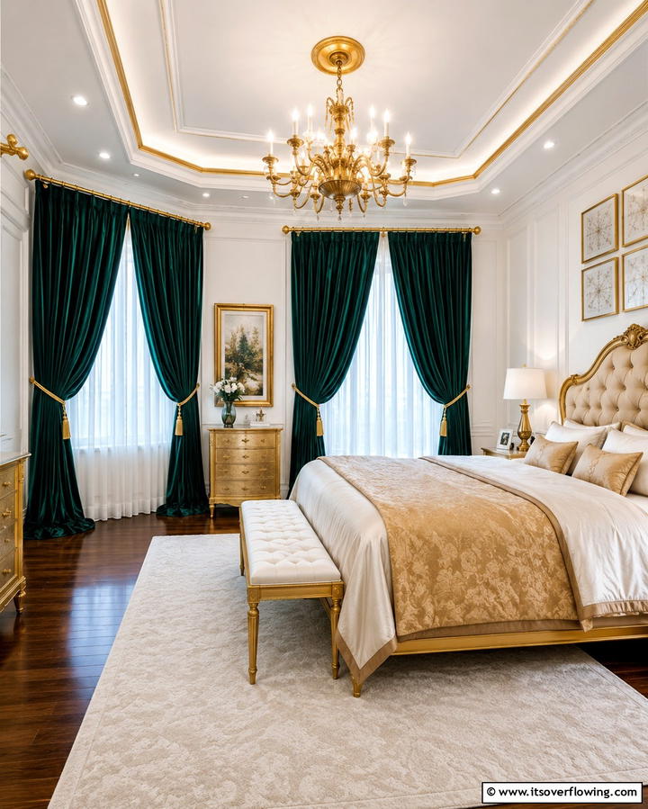 Emerald Green Curtains for Dramatic Flair - 25 Emerald Green and Gold Bedroom Ideas for a Luxurious Retreat