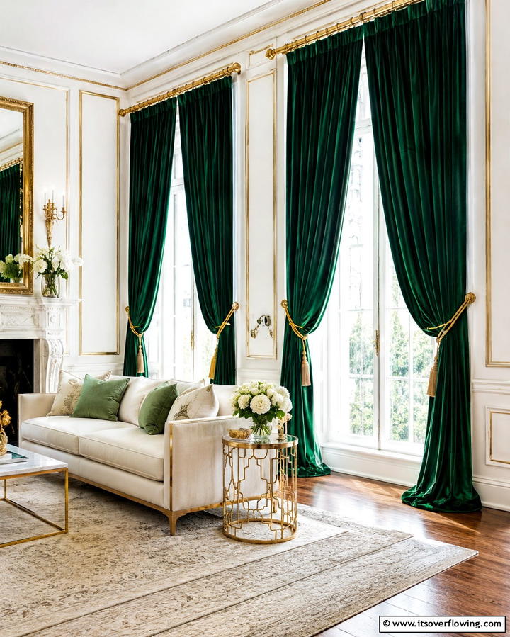 Emerald Green Curtains for a Dramatic Flair - 25 Emerald Green and Gold Living Room Ideas for Luxury