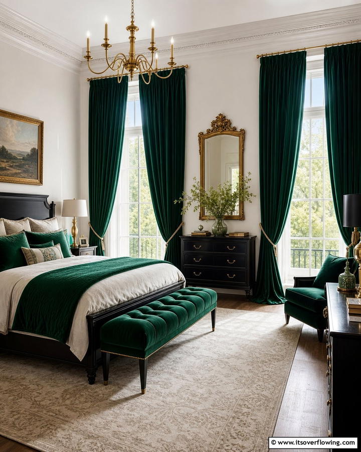 Emerald Green Curtains for a Pop of Elegance - 20 Black and Green Bedroom Design Ideas for a Bold Look