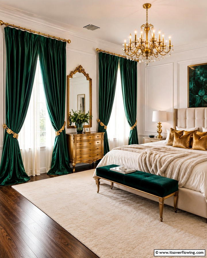 Emerald Green Curtains with Gold Tiebacks - 25 Emerald Green and Gold Bedroom Ideas for a Luxurious Retreat