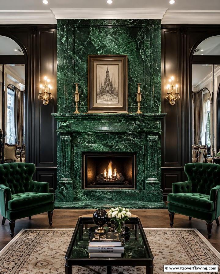 Emerald Green Marble Finish - 25 Green Fireplace Ideas for a Cozy and Eco-Friendly Home