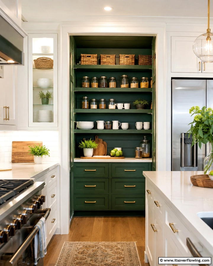 Emerald Green Open Pantry - 25 Emerald Green Kitchen Ideas for Bold Style