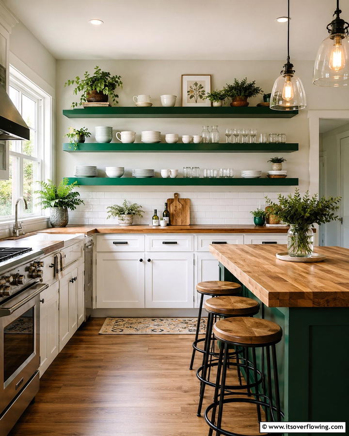 Emerald Green Open Shelving - 25 Emerald Green Kitchen Ideas for Bold Style