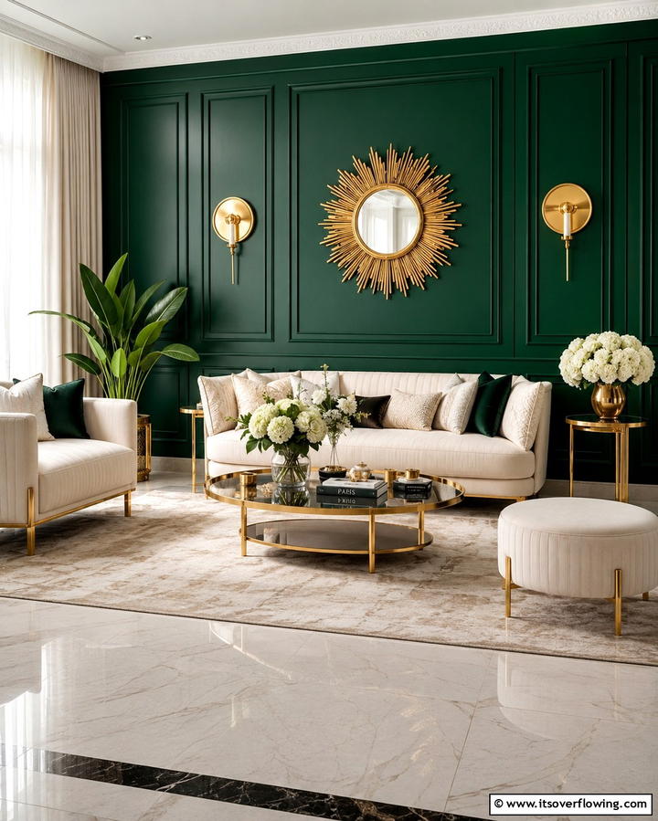 Emerald Green Panel Walls for a Bold Design - 25 Emerald Green and Gold Living Room Ideas for Luxury