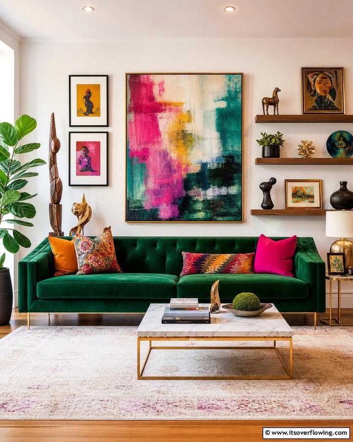 Emerald Green Sofa with Artistic Decor - 20 Emerald Green Sofa Living Room Ideas for Luxury