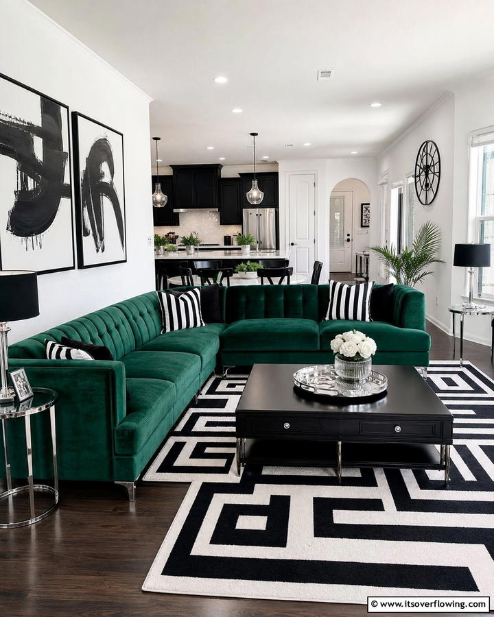 Emerald Green Sofa with Black and White Decor - 20 Emerald Green Sofa Living Room Ideas for Luxury