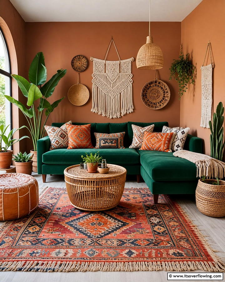 Emerald Green Sofa with Boho Chic Accents - 20 Emerald Green Sofa Living Room Ideas for Luxury