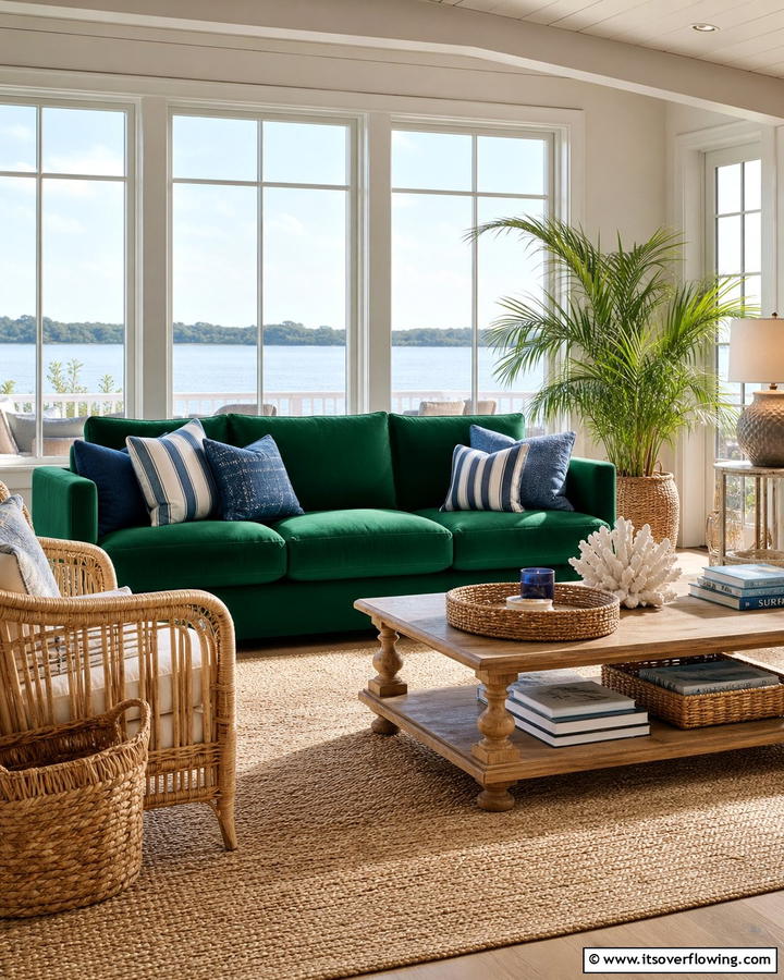 Emerald Green Sofa with Coastal Elements - 20 Emerald Green Sofa Living Room Ideas for Luxury