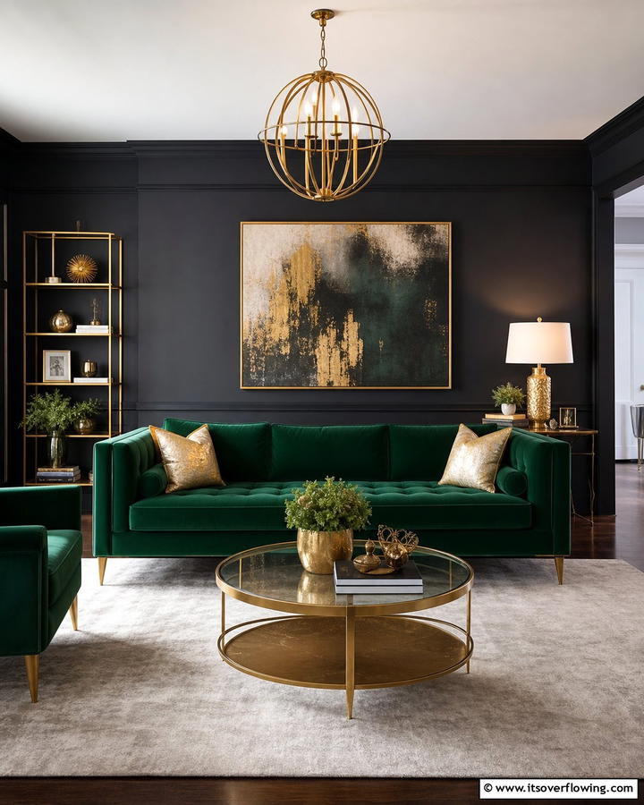 Emerald Green Sofa with Dark Walls - 20 Emerald Green Sofa Living Room Ideas for Luxury