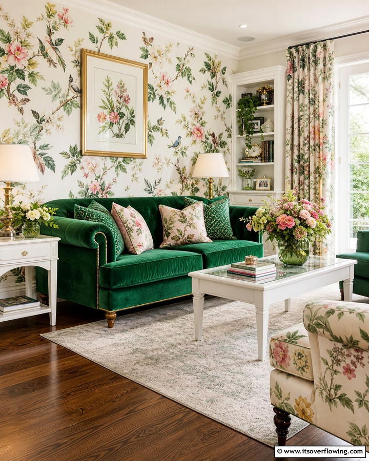 Emerald Green Sofa with Floral Patterns - 20 Emerald Green Sofa Living Room Ideas for Luxury
