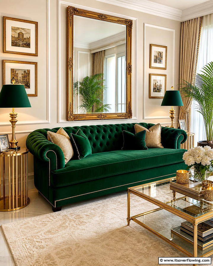 Emerald Green Sofa with Gold Accents - 20 Emerald Green Sofa Living Room Ideas for Luxury