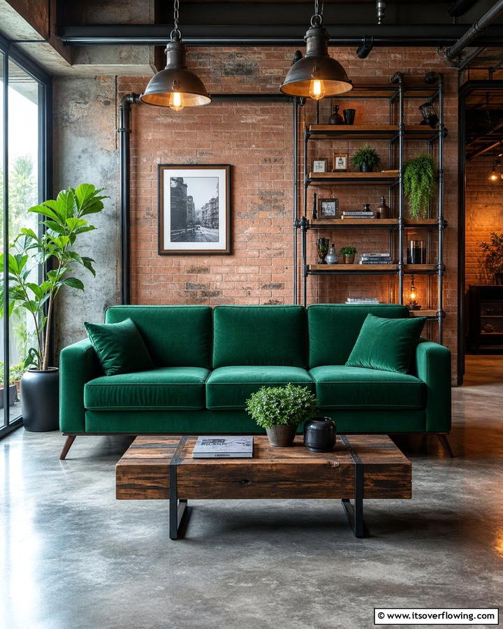 Emerald Green Sofa with Industrial Decor - 20 Emerald Green Sofa Living Room Ideas for Luxury