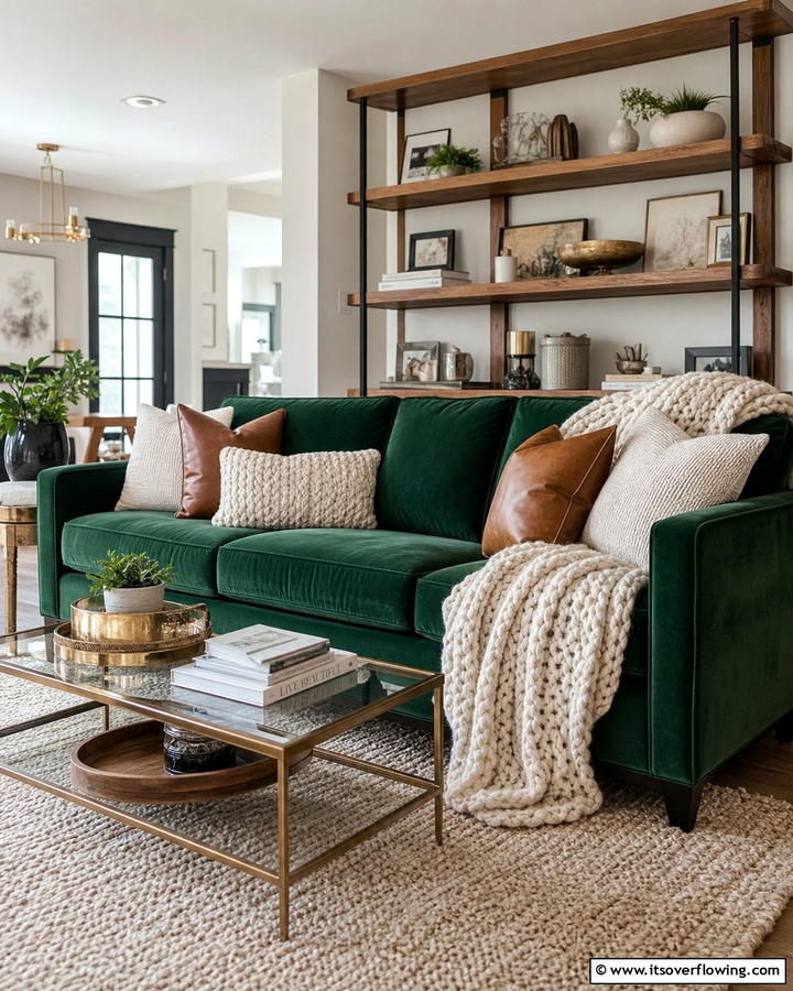 Emerald Green Sofa with Layered Textures - 20 Emerald Green Sofa Living Room Ideas for Luxury
