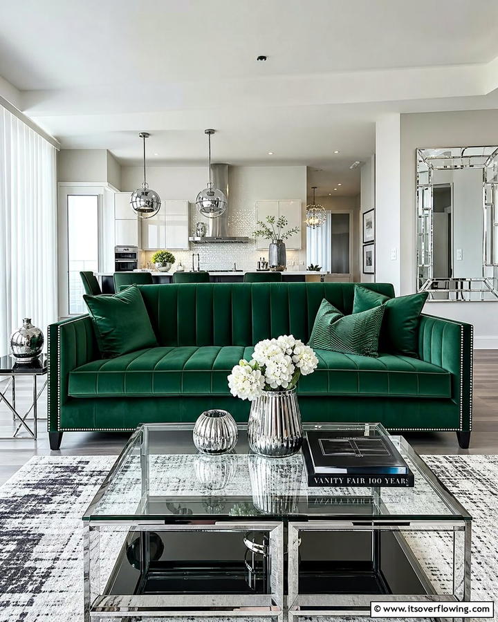 Emerald Green Sofa with Metallic Silver Accents - 20 Emerald Green Sofa Living Room Ideas for Luxury