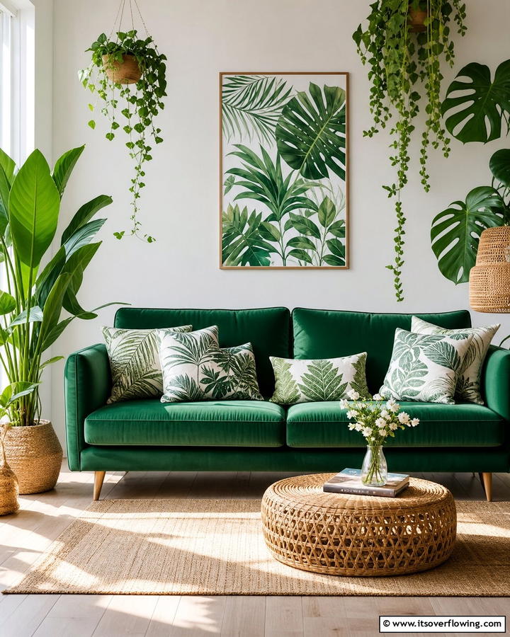 Emerald Green Sofa with Natural Greenery - 20 Emerald Green Sofa Living Room Ideas for Luxury