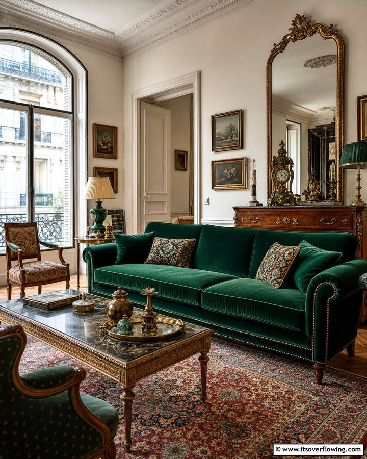 Emerald Green Sofa with Vintage Decor - 20 Emerald Green Sofa Living Room Ideas for Luxury