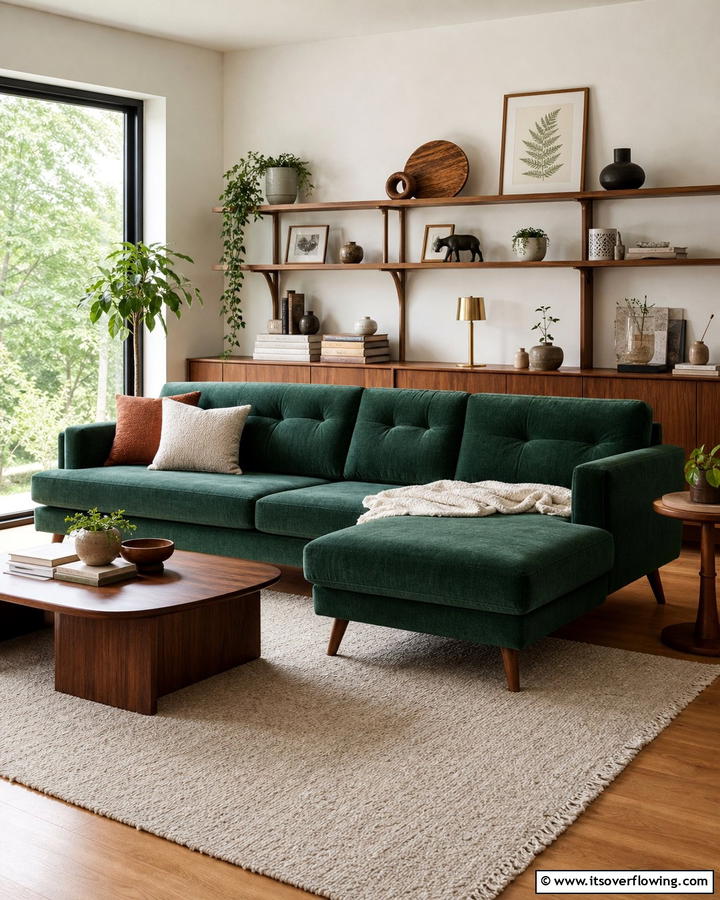 Emerald Green Sofa with Warm Wood Tones - 20 Emerald Green Sofa Living Room Ideas for Luxury