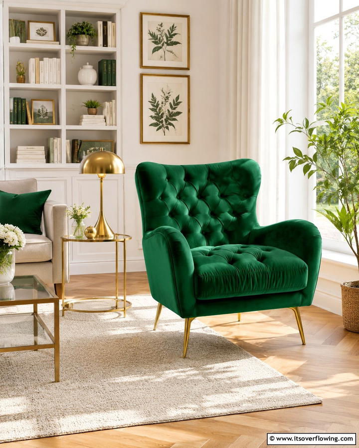 Emerald Green Tufted Armchair - 25 Emerald Green and Gold Living Room Ideas for Luxury