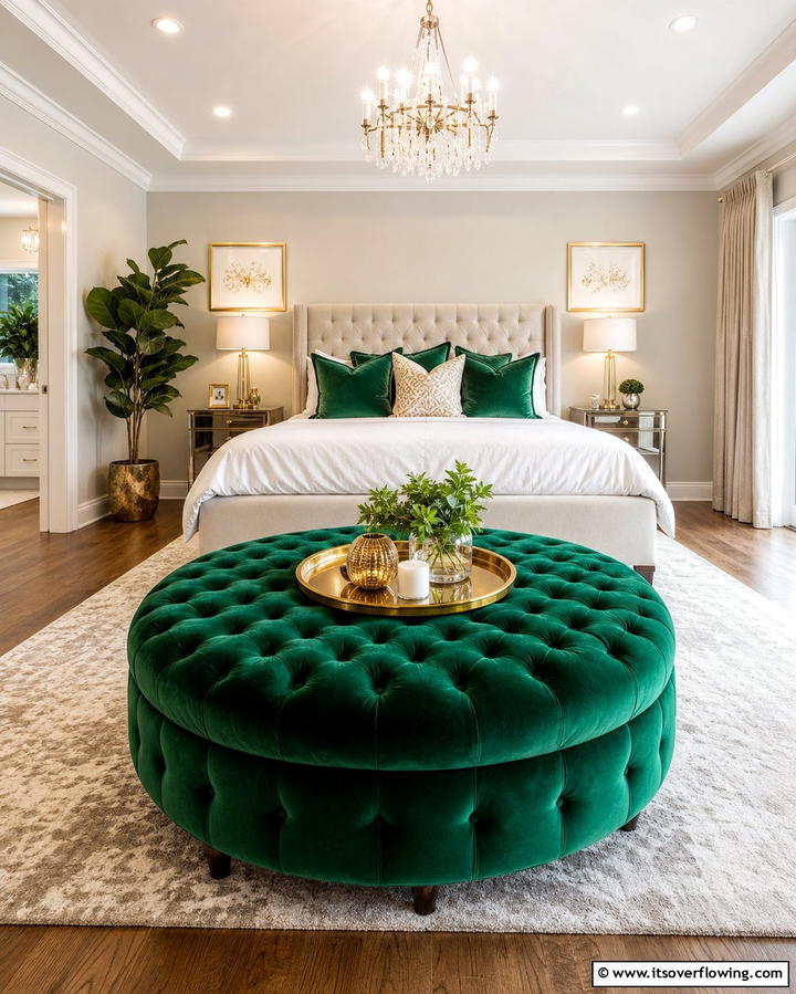 Emerald Green Velvet Ottoman - 25 Emerald Green Bedroom Ideas for a Luxurious Feel