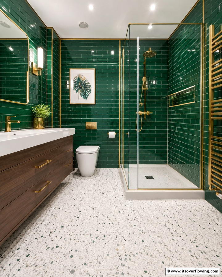 Emerald Green Walls with Gold Fixtures - 25 Luxurious Green and Gold Bathroom Design Ideas
