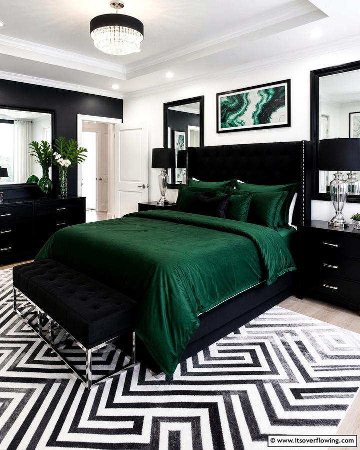Emerald Green and Black Contrast - 25 Emerald Green Bedroom Ideas for a Luxurious Feel