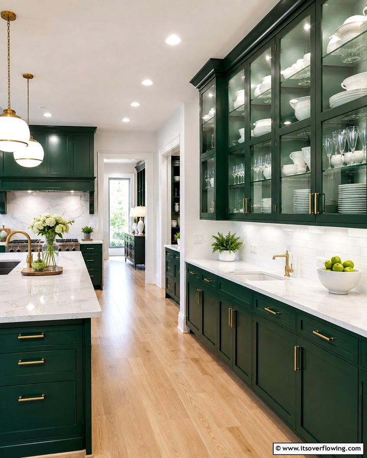 Emerald Green and Glass Cabinet Doors - 25 Emerald Green Kitchen Ideas for Bold Style